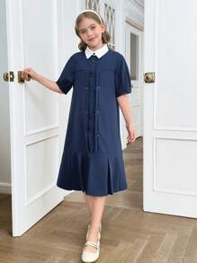 女童撞色圆领宽松休闲A字短袖连衣裙 - 藏蓝色 - 查看 6