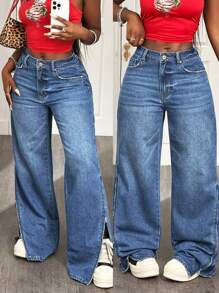 Slaydiva 女式休闲日常做旧斜口袋宽松喇叭牛仔裤