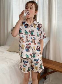 DAZY Tween Girls Fall Print Collared Top + Shorts Home Outfit, Summer, Back To School Clothes - White - View 3