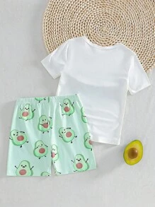 2pcs Boys Casual Avocado Print Round Neck Short Sleeve Top And Shorts Set Loungewear - Multicolor - View 2