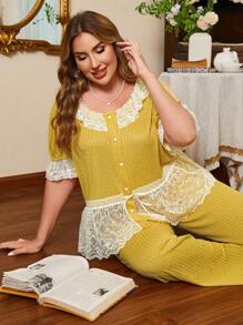 Côtesoire Plus Size Lace Patchwork Romantic French Style Sleepwear Pajama Set Holiday Season - Yellow - View 5