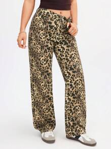 SHEIN EZwear Leopard Print Pocketed Casual Straight-Leg Jeans