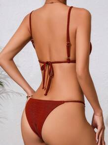 SHEIN Swim Bộ bikini 2 mảnh trơn màu dành cho nữ, vải bóng, phong cách phù hợp, gợi cảm và đa năng - màu nâu - Xem 2