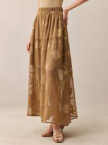 SHEIN BIZwear 2025 年夏季新品 7 月 4 日音乐节派对，适合婚礼宾客、早午餐、都市时尚通勤、日常休闲、春夏女士优雅日常工作约会夜度假波西米亚雪纺透视松紧腰摩卡棕色长裙 - 咖啡棕 - 查看 3