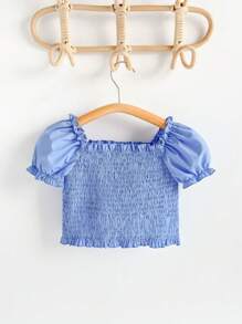 Loomiva 少女春夏法式优雅蓝色刺绣梭织荷叶袖短款上衣和裤子套装 - 藍色 - 查看 2