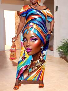 Maweii 彩色女人脸肖像时尚圆领大码女式短袖口袋休闲连衣裙 - 彩色 - 查看 1