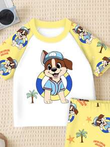 SHEIN Baby Jungen süßer Hund Muster lässiges schlankes Rundhals Kurzarm Top und Shorts Badeanzug Set, geeignet für den Sommer - Verschiedenfarbig - Übersicht 5