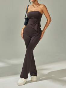 SHEIN PETITE Conjunto de dos piezas para mujer para uso diario - Marrón - Ver 5