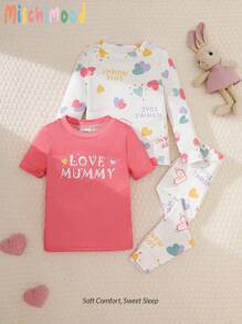 3pcs Baby Girl Snug Fit Crew Neck Short Sleeve, Long Sleeve Top And Long Pants Set, Colorful Heart Print, Comfortable Soft Fabric, Suitable For All Seasons Home Wear - Multicolor - View 1
