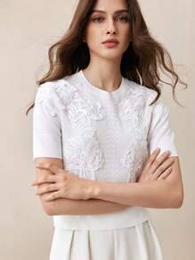 BizChic Women's Elegant Lace Knitted Blouse,White Summer Tea Party Wedding Guest Top,Musical Festival Brunch Urban Commute Daily Casual Wear New Arrival - White - View 5