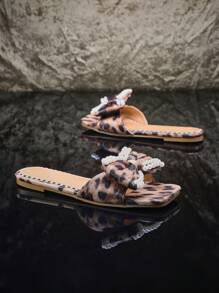 SHUZIA Sandálias rasteiras femininas com estampa de leopardo e gravata borboleta - Multicolorido - Ver 5