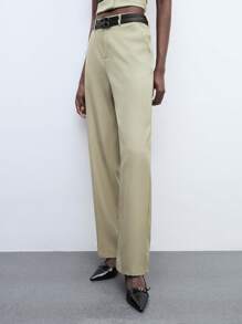 Maija Women's Light Green Summer Pants, Solid Color With Elastic Waist, Pockets, Double Belts, Straight And Loose Casual Fashion Everyday Wear, Suitable For Urban Commuting, Office And Formal Occasions - Green - View 3