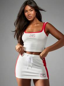 Missguided x Playboy Christmas Ribbed Racing Sport Co-Ord Set Summer Festival Tank Top High Waist Mini Skirt Two Piece Athletic Workout Outfit Car Racing - Red and White - View 6