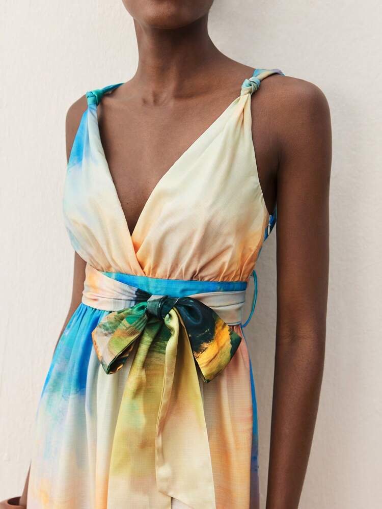 SHEIN Maija Women's Versatile Landscape Print V-Neck High Waist Casual Dress For Spring/Summer, Loose And Comfortable With Tie Waist, Bowknot Strap Decor, Ruched Skirt, Boho Style