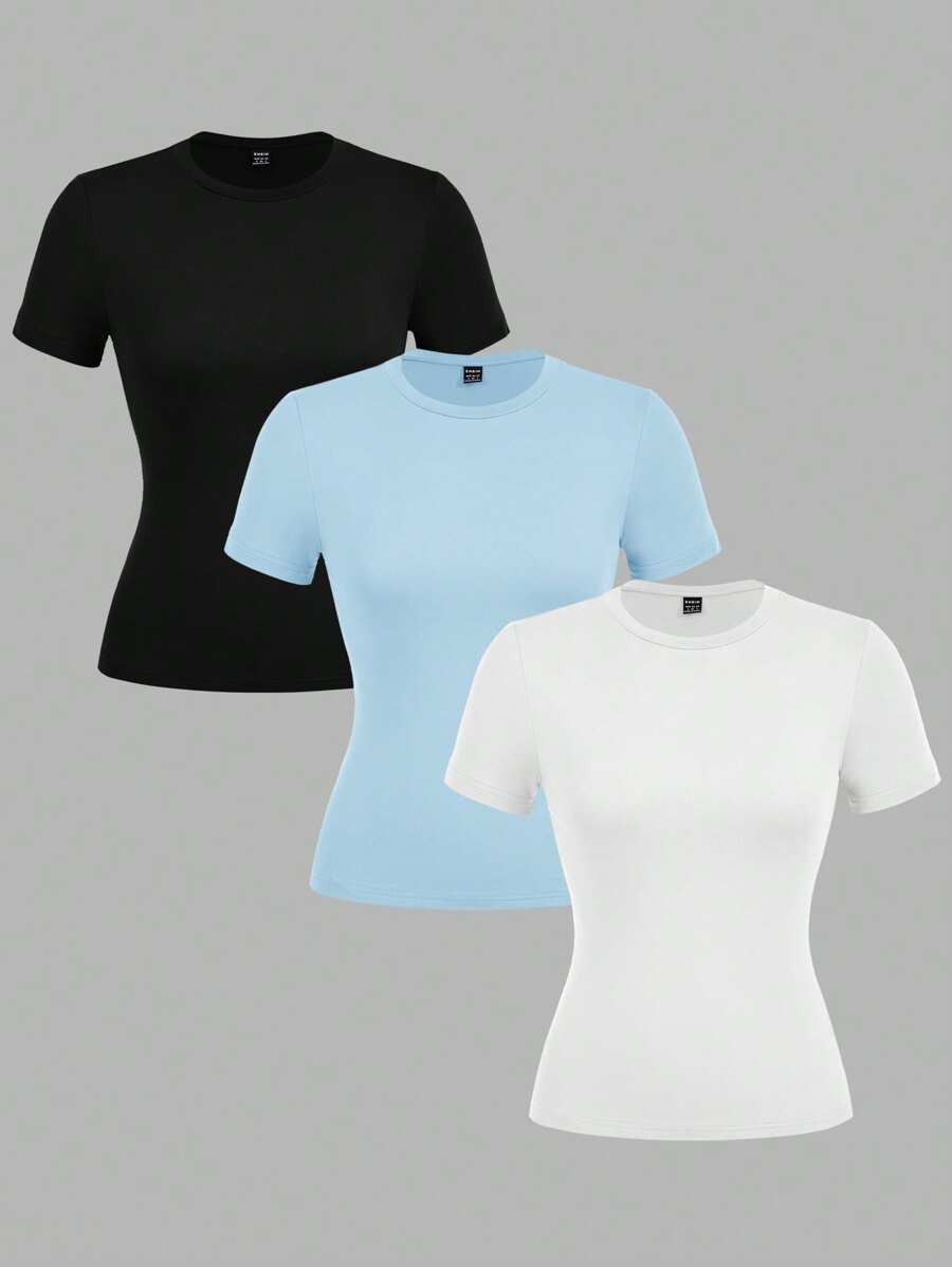 SHEIN EZwear 3 件套女士休闲紧身长袖圆领 T 恤套装（黑色、浅蓝色和白色），适合夏季 - 彩色 - 查看 1