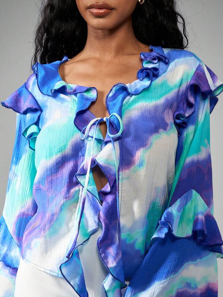 MISSGUIDED Camicetta con stampa acquerello e maniche lunghe a campana e volant annodati sul davanti