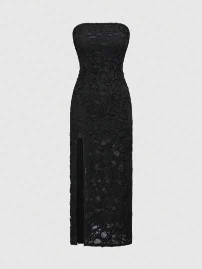 Goth Women Solid Color Strapless Slit Up To Thigh Short Sleeveless Mini Dress