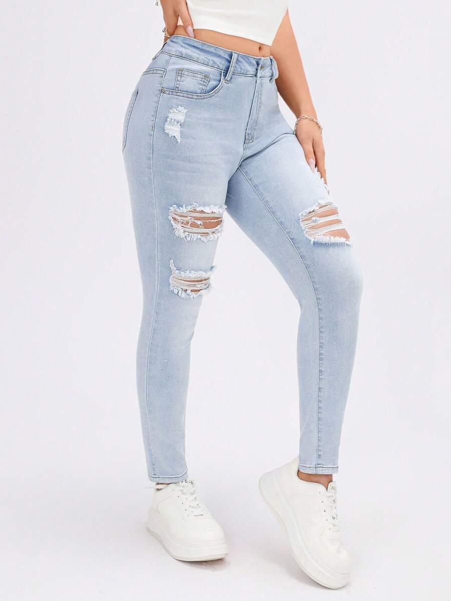 SHEIN PETITE Women's Pocket Distressed Ripped Skinny Casual Versatile Jeans - Light Wash - View 1
