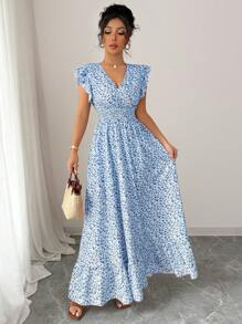 Elenzga New Fashion Shirred Woven Micro Ditsy Floral Cap Sleeve Ruffle Hem Cinched Waist Vacation Style Dress For Women