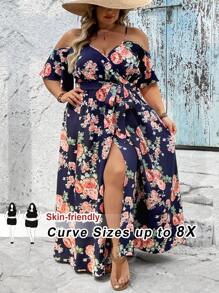 SHEIN CURVE+ Plus Size Romantic Floral Print Wrap Collar Summer Boho Dress, Curve Plus, Boho Vacation Beach Outfits For Woman/Beach Dress/Beach Vacation Outfits/Beach Essentials / Graduation/Tea Party Dress