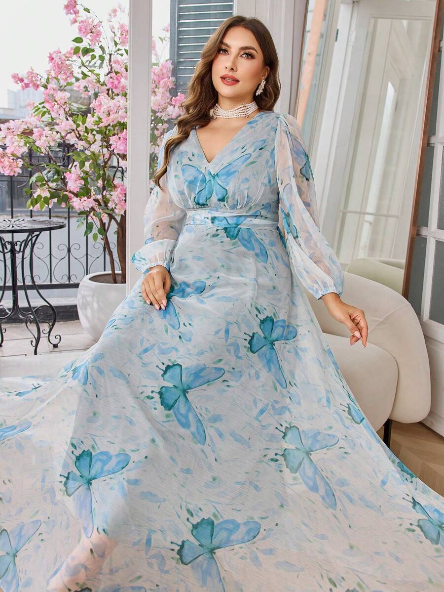 Modelyn High-End Fashion Elegant Printed Loose Fit Dress - Blue - View 1
