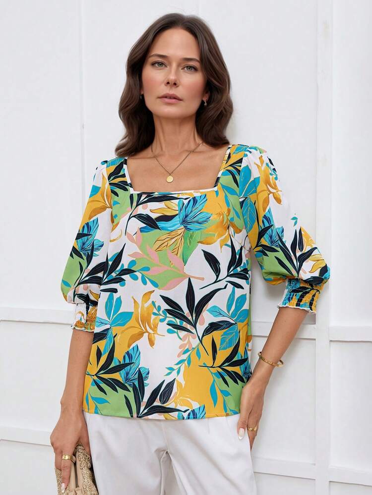 Blusa midi com decote quadrado e manga bufante com estampa floral, para primavera/verão e férias