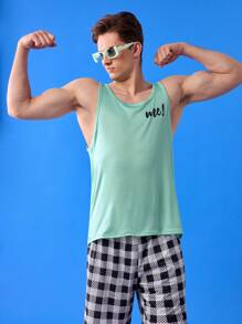 Men's Letter Graphic Crew Neck Sleeveless Base Layer Top - Green - View 2