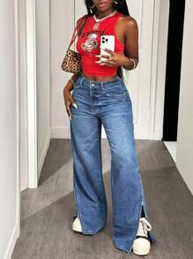 Slaydiva 女式休闲日常做旧斜口袋宽松喇叭牛仔裤