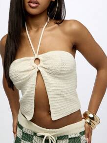 SUMWON WOMEN Summer Cover Up Beach Pool Knit Halter Top Vacation Resort Spring Break Beachwear - Beige - View 4
