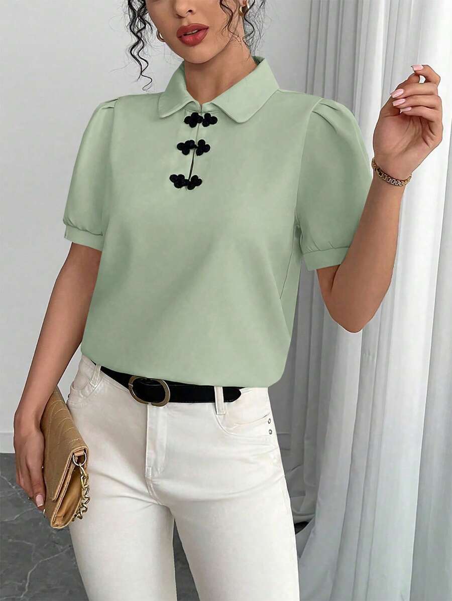 Chiquease Vintage Chinese Style Button Decor Short Sleeve Shirt - Green - View 1