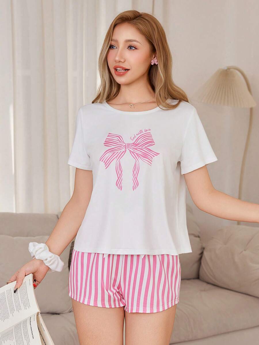 Dream Adore Sweet Striped & Bow Pattern Short Sleeve Women Pajama Set - Pink - View 1