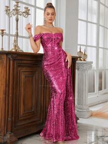SHEIN Belle Women Sequin Off-Shoulder Sleeveless Cinched Waist High Slit Formal Dress, Elegant Prom Evening Dress. Women Party Dresses Women's Formal Dress Women Formal Dress Women Formal Long Dress Women Dresses Wedding Guest Dress - Hot Pink - View 6