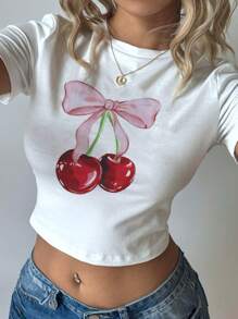 SHEIN EZwear 水果樱桃印花蝴蝶结装饰修身短款圆领 T 恤，95% 纯棉，柔软舒适，适合春夏季，自然 - 白色 - 查看 7
