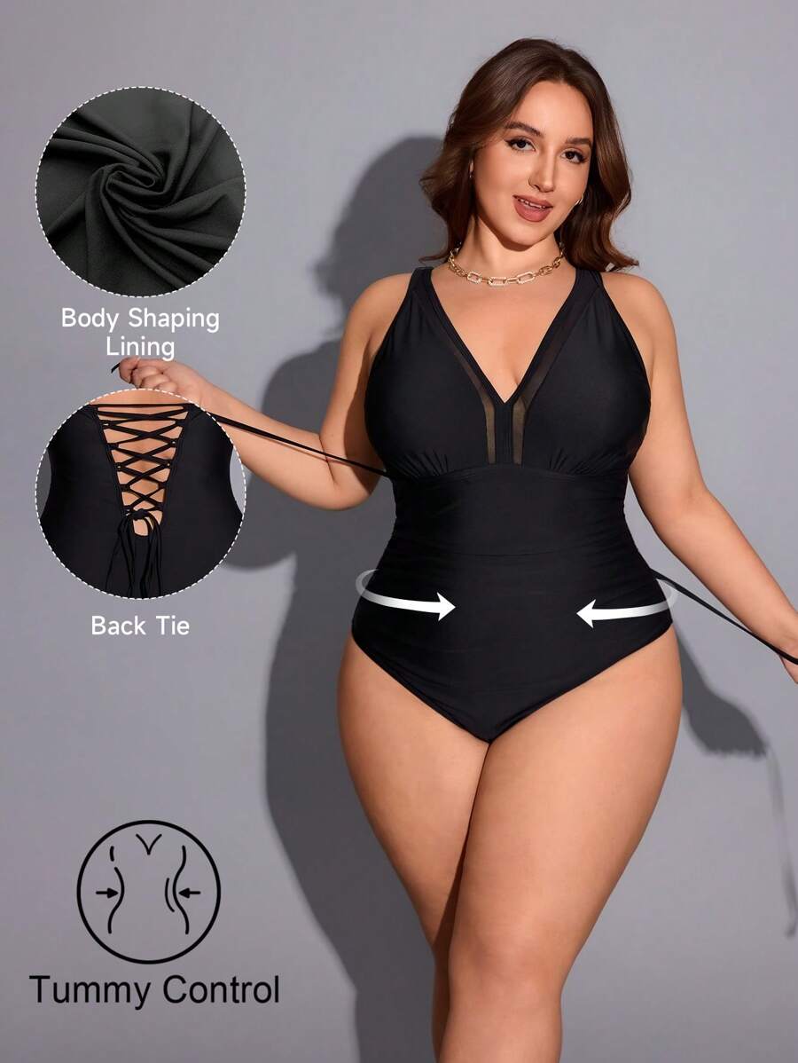 SHEIN Swim Curve 大码塑形抽绳连体泳衣