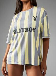 Missguided x Playboy Oversized Jersey T-Shirt Retro Striped Sports Style Streetwear Summer Athletic Tee Loungewear Urban Fashion Statement Logo Athleisure Collaboration