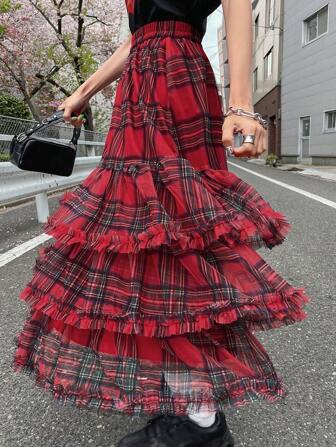 FRIFUL 女式蓝色格子荷叶边网眼裙，甜美高腰，适合娇小身材，春夏圣诞节，新年