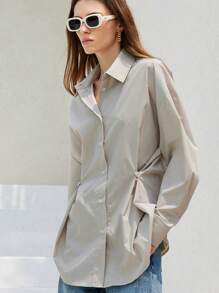 TrendSteals 女士休闲通勤时尚可调节宽松领口不对称舒适长袖衬衫 - 淺灰色 - 查看 3