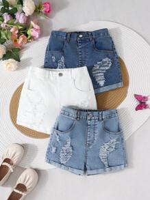 SHEIN Vintaside Kids 3 Pairs Of Girls Washed Multi-Color Ripped Skinny Denim Shorts, Casual Everyday Wear, Simple & Fashion Design, School, Campus, College - Multicolor - View 7