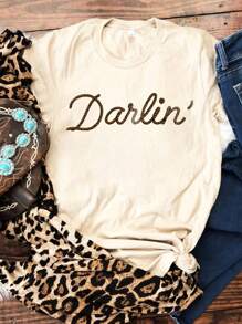 SHEIN LUNE Women's Large Size Slogan Graphic T-Shirt, Suitable For Spring And Summer - Apricot - View 1