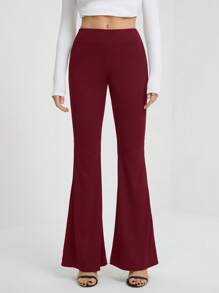 SHEIN Tall Casual Solid Color High-Waist Flared Pants - Burgundy - View 7