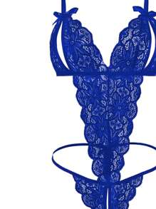 Floral Lace Scallop Trim Crotchless Teddy Bodysuit Lingerie - Navy Blue - View 5