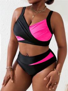 Slaydiva Plus Size Women 2pcs/Set Black & Pink Splice Ruffled Strap Bikini Swimsuit, Summer Beach Holiday