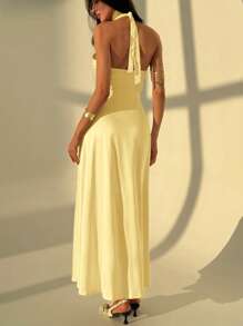 Aloruh Halter Tie-Up Deep V Sleeveless Bodycon Lace Patchwork Color-Block Dress For Women,Graduation Dresses,Butter Yellow Dress - Yellow - View 2