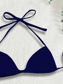 Swim SXY Women Summer Beach Solid Color Halter Tie Bikini Top