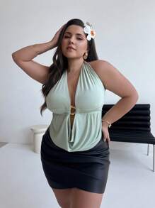 Firerie Plus Size Women V-Neck Ruched Metal Decor Sexy Elegant Tank Top - Green - View 3