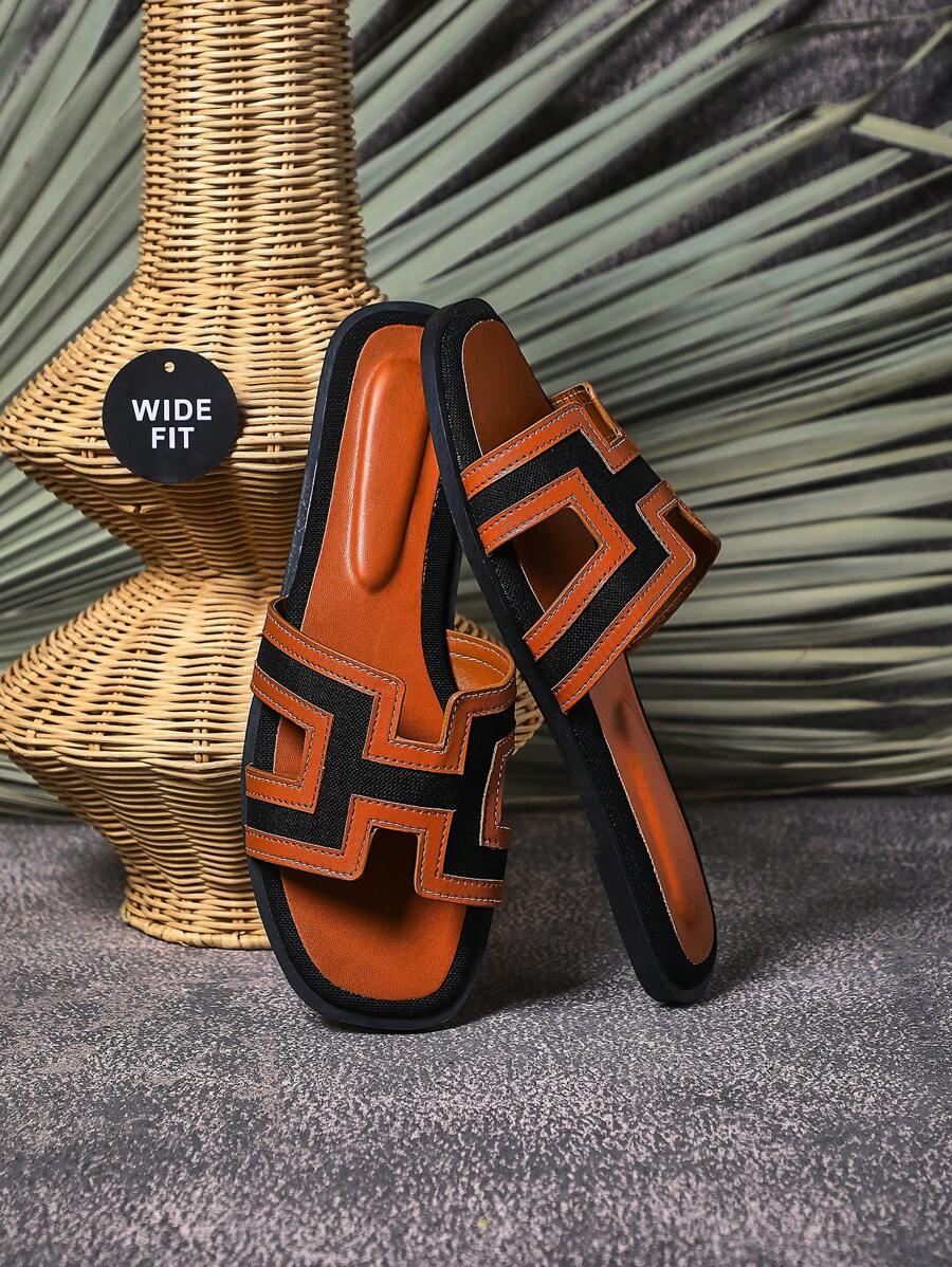 SHUZIA 女式宽版H型趾带方头夏季休闲平底凉鞋 - 黑色 - 查看 1