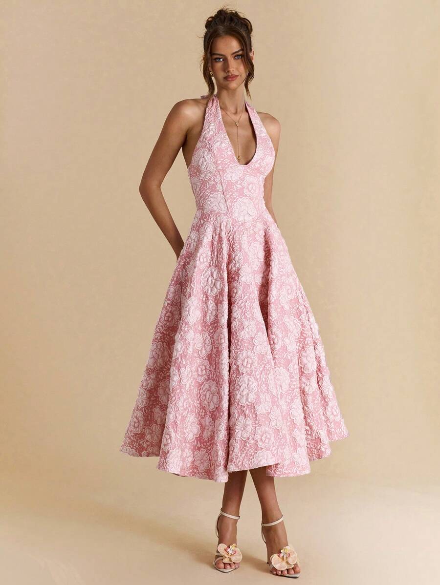 SHEIN BAE Spring Summer Solid Pink Textured Jacquard Elegant Dress, Suitable For Daily Dating, Parties, Gatherings, Weddings, Vacations, Beaches, Music Festivals, Birthdays, Brunches - Princess Style With Bow - Pink - View 1