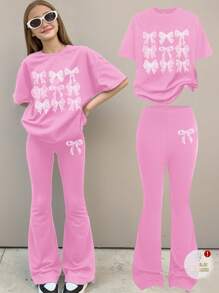 SHEIN Leap Crew 2pcs Tween Girls Casual Minimalist Short Sleeve Top And Pants Set, Suitable For Summer - Lilac Purple - View 1