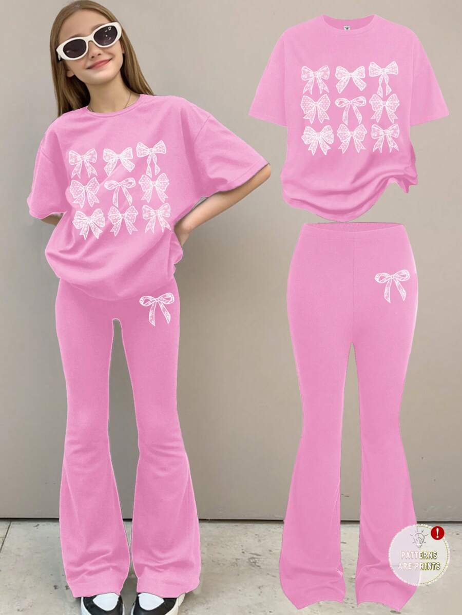 SHEIN Leap Crew 2pcs Tween Girls Casual Minimalist Short Sleeve Top And Pants Set, Suitable For Summer - Lilac Purple - View 1