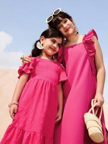 Tween Girls Vacation & Casual Sleeveless Loose Dress, Ruffle Hem, Rose Red, Suitable For Outing, Holiday, Daily, School, Summer - Hot Pink - View 1